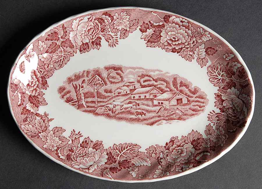English Scenery Pink (Black Backstamp, Scallop) Relish/Gravy Underplate by Wood & Sons-1