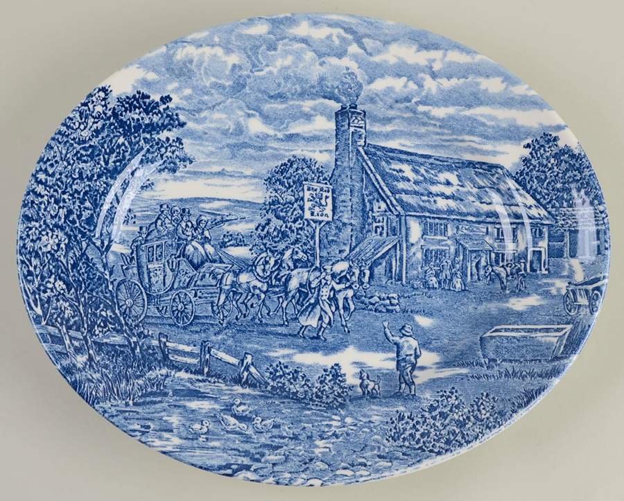 Post House Blue (Newer, Continental Shape) 12" Oval Serving Platter by Wood & Sons-1