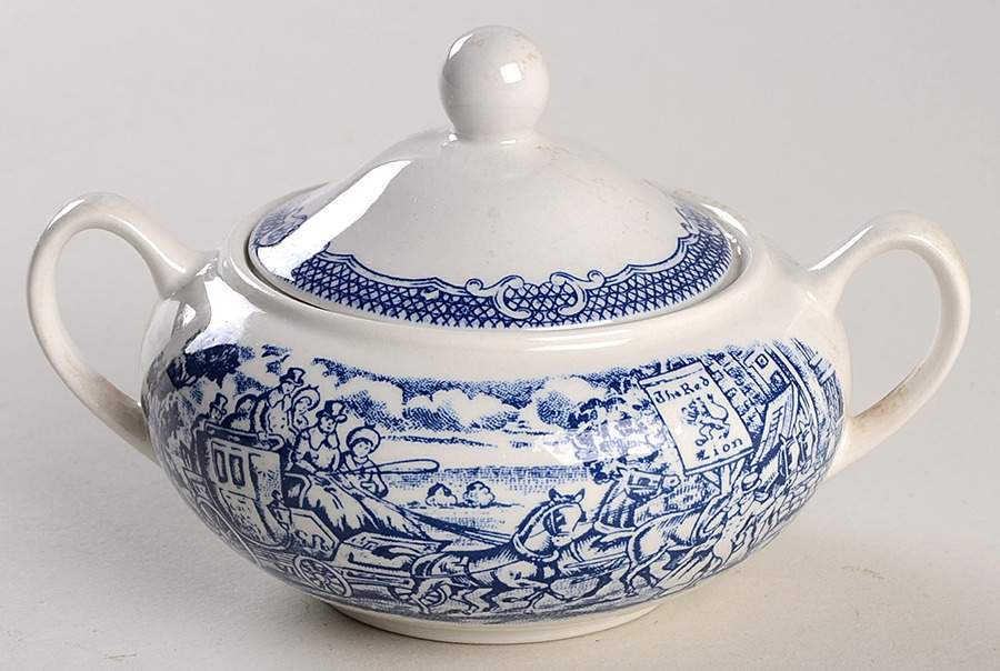 Post House Blue (Newer, Continental Shape) Sugar Bowl & Lid by Wood & Sons-1