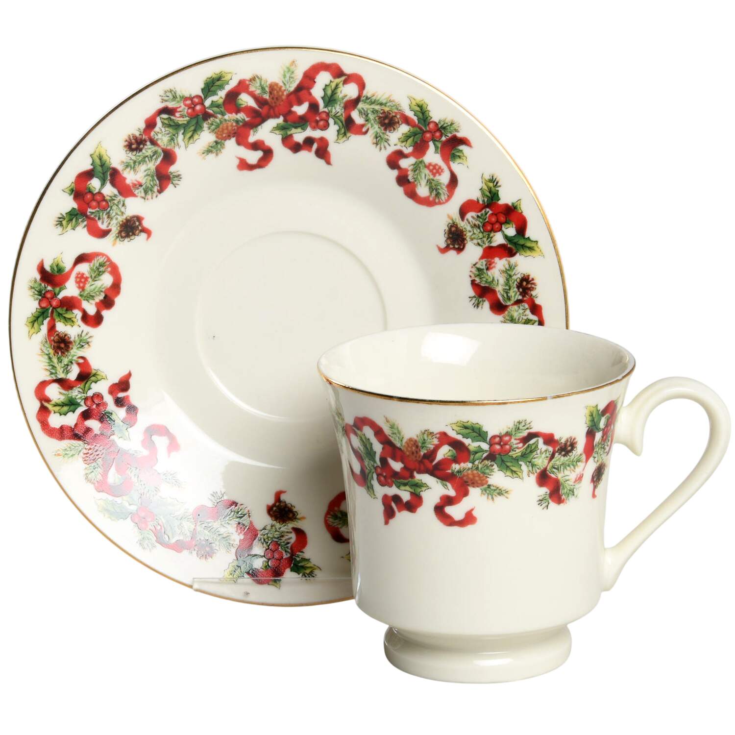 Christmas Ribbon Footed Cup & Saucer Set by World Bazaars-1