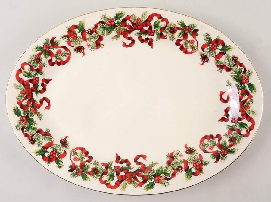 Christmas Ribbon 14" Oval Serving Platter by World Bazaars-1