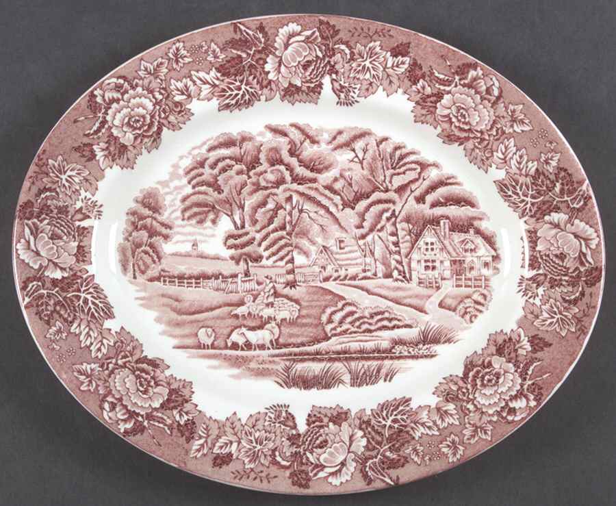 English Scenery Pink (Continental Shape) 12" Oval Serving Platter by Wood & Sons-1