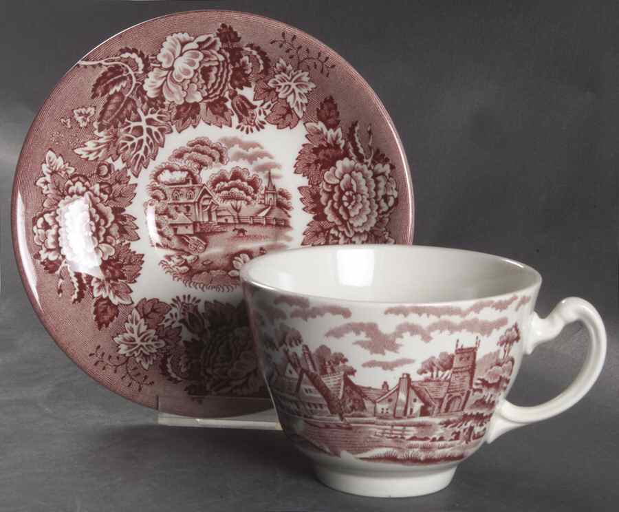 English Scenery Pink (Continental Shape) Flat Cup & Saucer Set by Wood & Sons-1