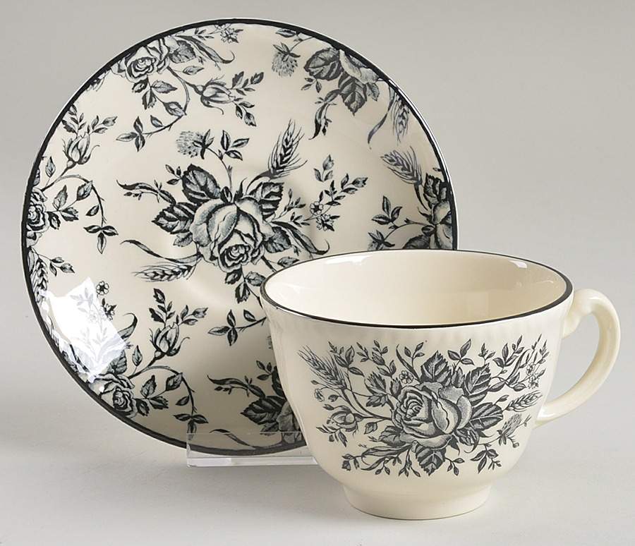 Colonial Rose Black and Cream Flat Cup & Saucer Set by Wood & Sons-1