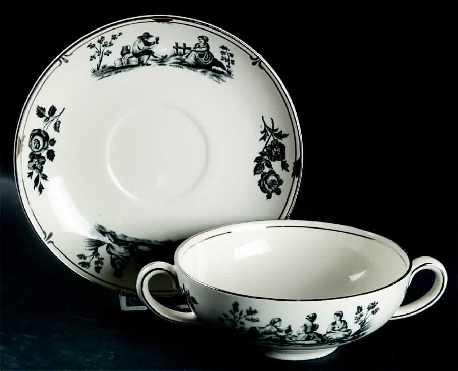Personages Black (Smooth, Platinum) Flat Cream Soup Bowl & Saucer Set by Wedgwood-1