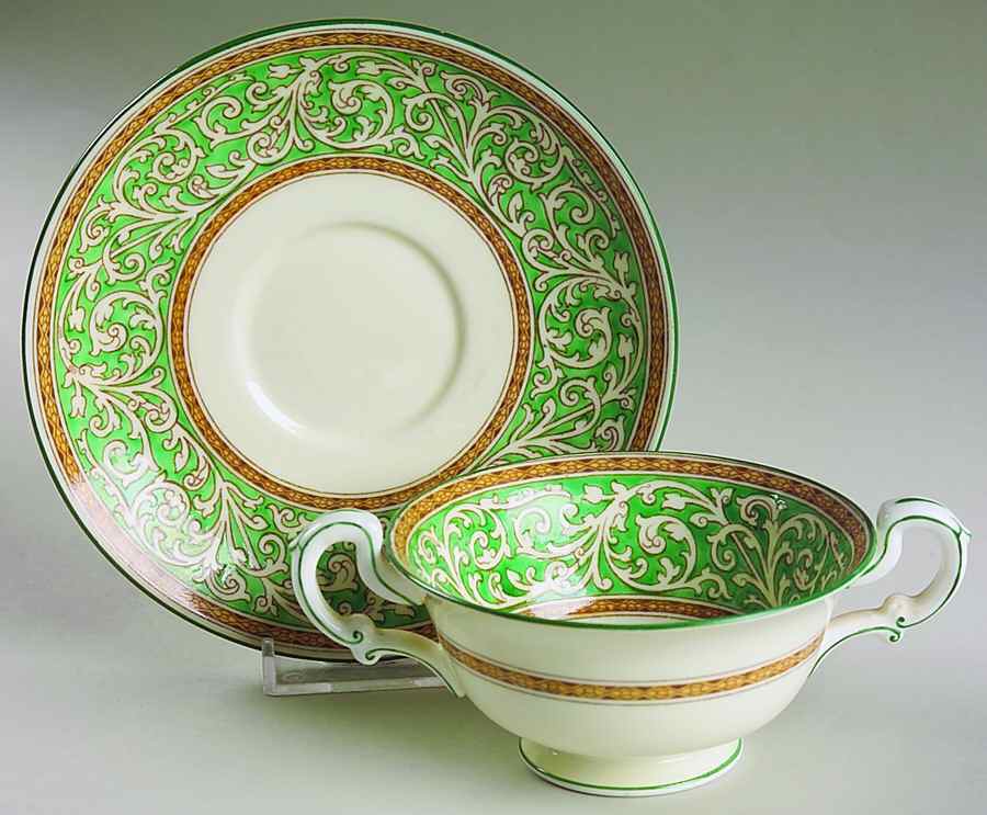 Praze Green (Ivory Center) Footed Bouillon Cup & Saucer by Wedgwood-1
