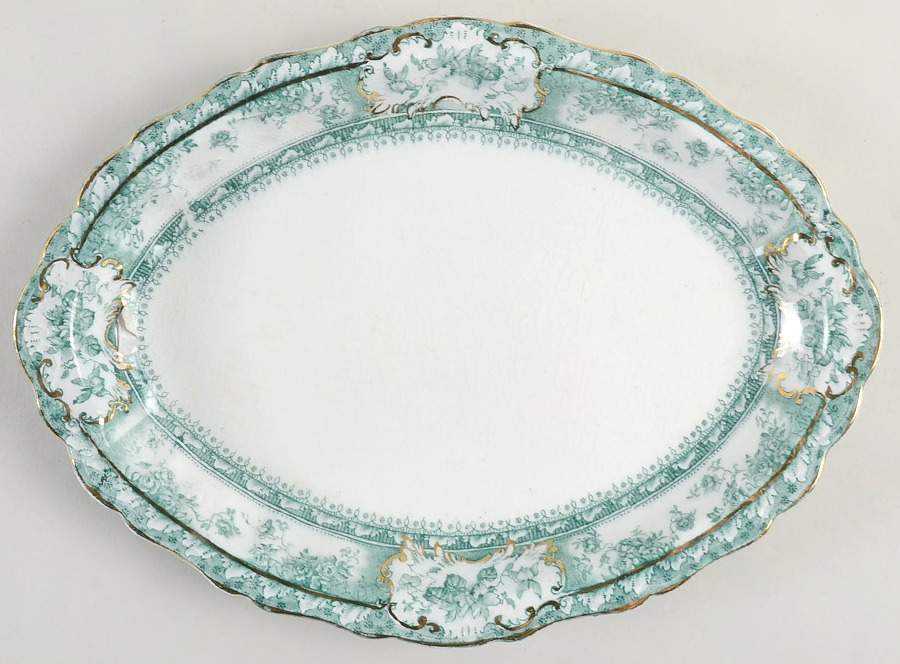 Phoebe Blue Green (Gold Accents, Gold Trim) 11" Oval Serving Platter by Wedgwood-1