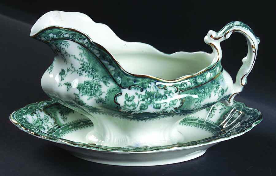 Phoebe Blue Green (Gold Accents, Gold Trim) Gravy Boat & Underplate/Relish by Wedgwood-1