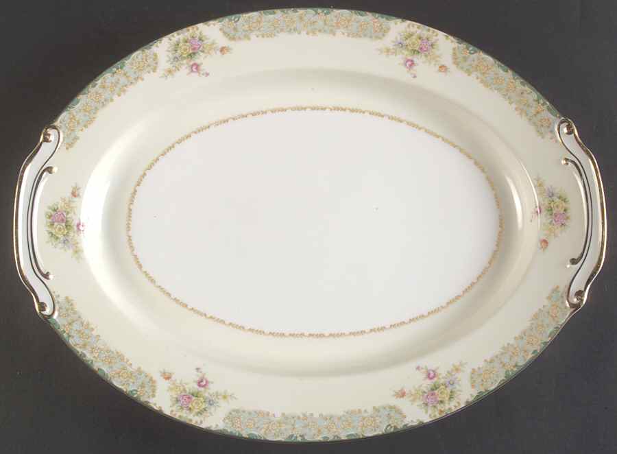 Greenleigh (Green & Aqua Border) 16" Oval Serving Platter by Wentworth-1