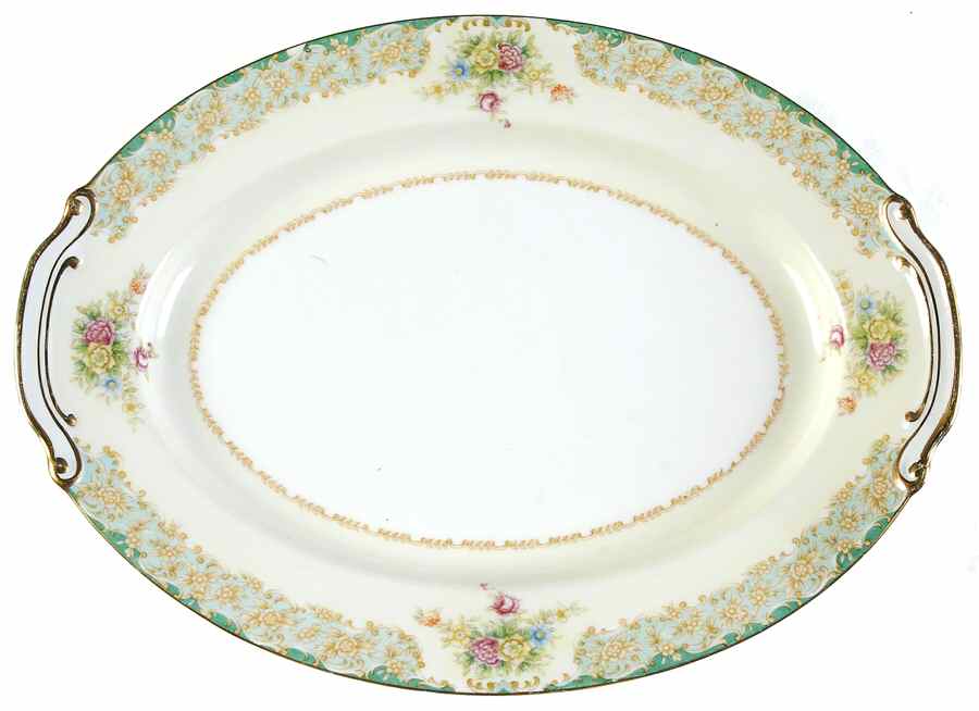 Greenleigh (Green & Aqua Border) 12" Oval Serving Platter by Wentworth-1