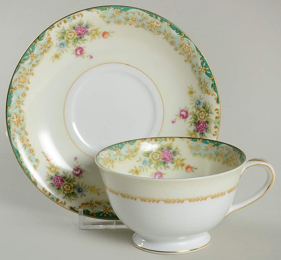 Greenleigh (Green & Aqua Border) Footed Cup & Saucer Set by Wentworth-1