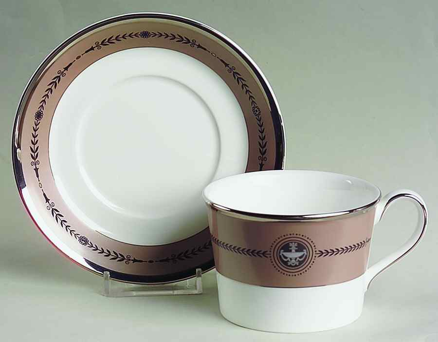 Laurel (Taupe Band, Black Laurel) Flat Cup & Saucer Set by Wedgwood-1