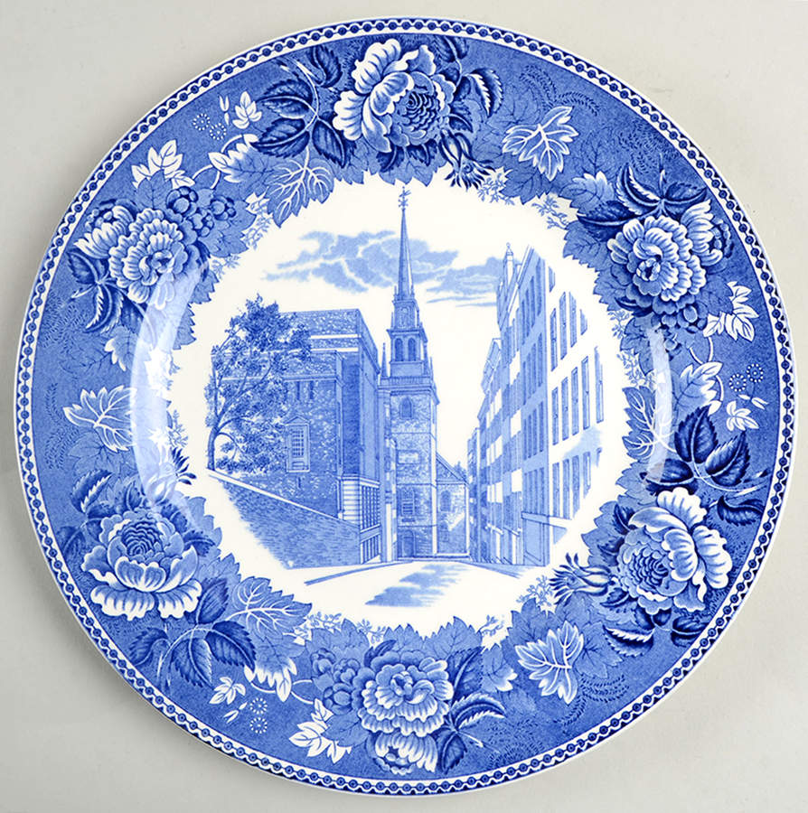Massachusetts Historic Scenes Roses Border Dinner Plate by Wedgwood-1