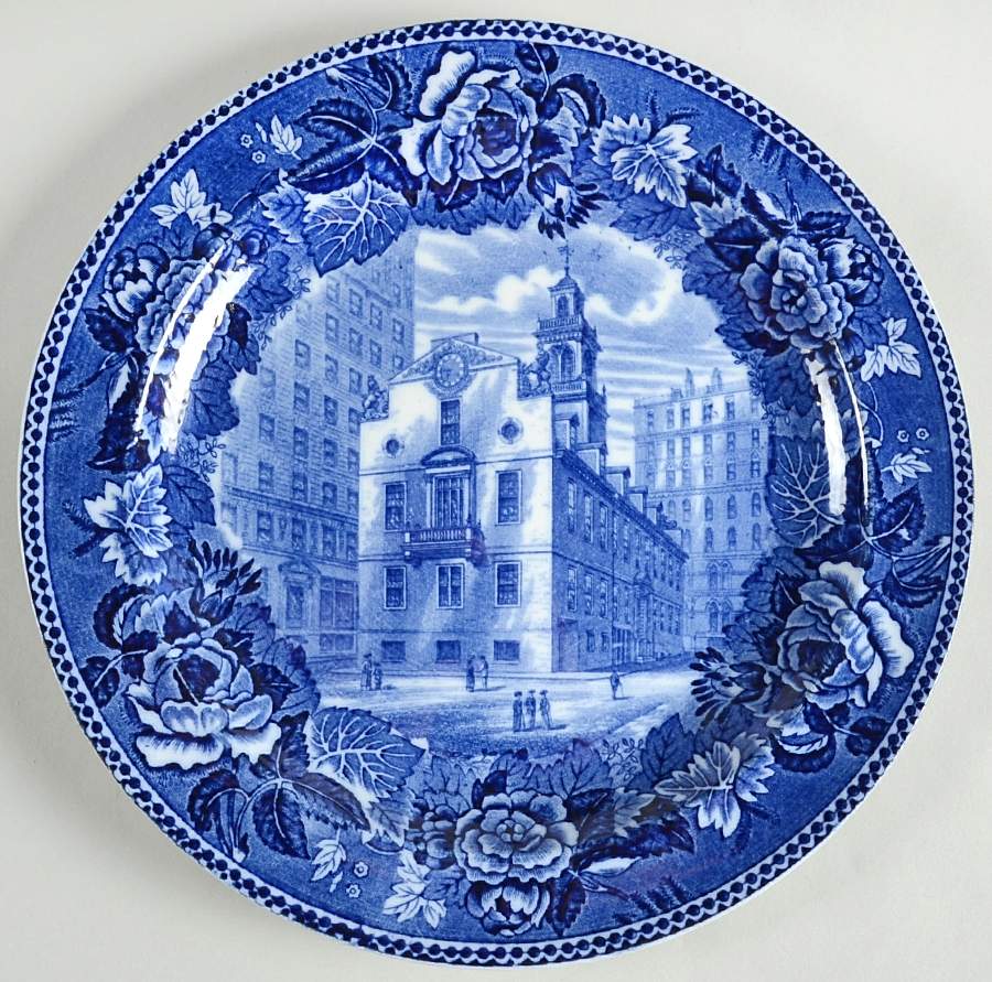 Massachusetts Historic Scenes Roses Border Luncheon Plate by Wedgwood-1
