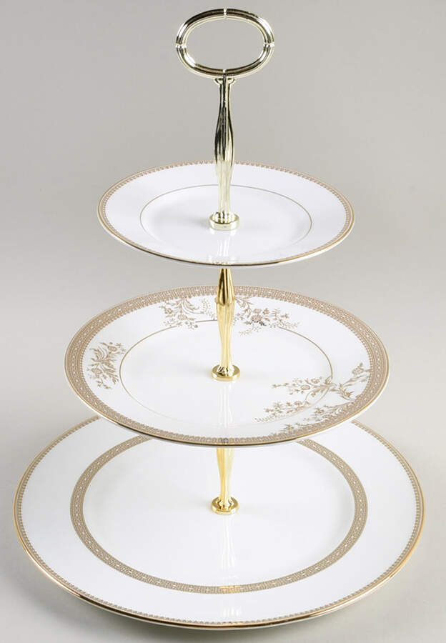 Vera Lace Gold 13 7/8"-14 1/4" 3-Tiered Serving Tray(DP,SP,BB) HC by Wedgwood-1