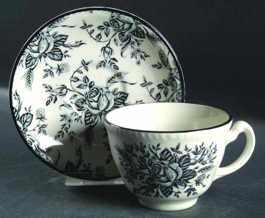 Colonial Rose Black and White Flat Cup & Saucer Set by Wood & Sons-1