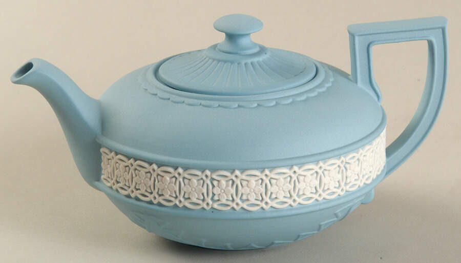 Cream Color on Dark Turquoise Jasperware Egyptian Teapot & Lid by Wedgwood-1