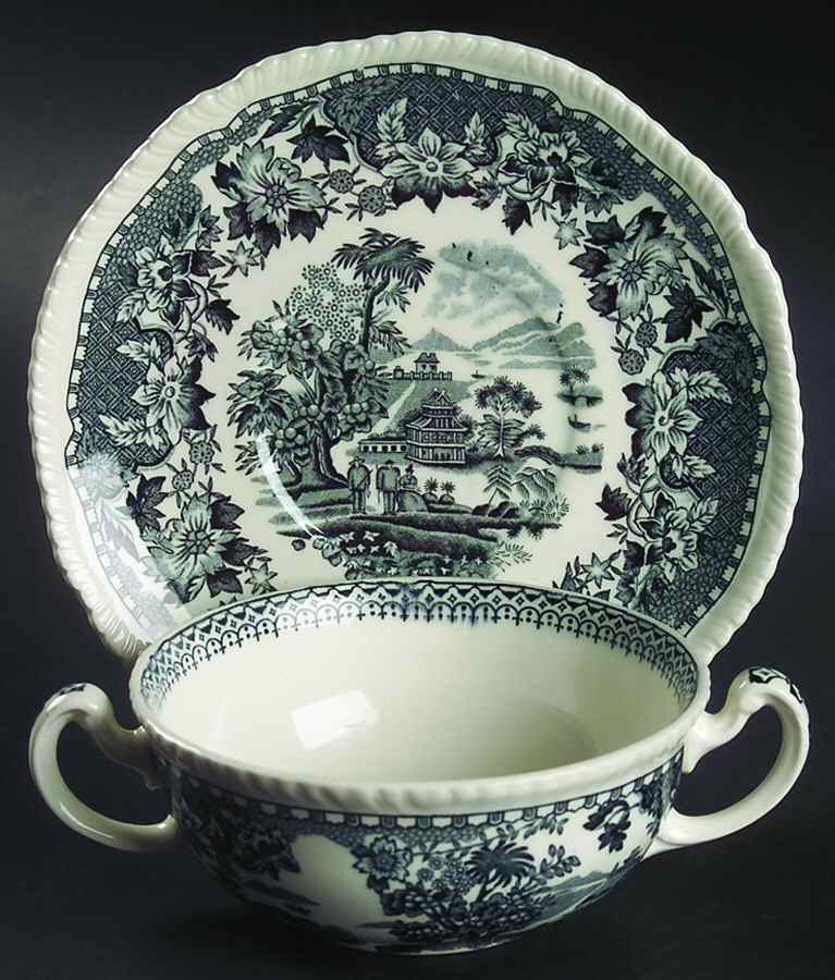 Seaforth Black (Rope Edge, Scallop) Flat Cream Soup Bowl & Saucer Set by Wood & Sons-1