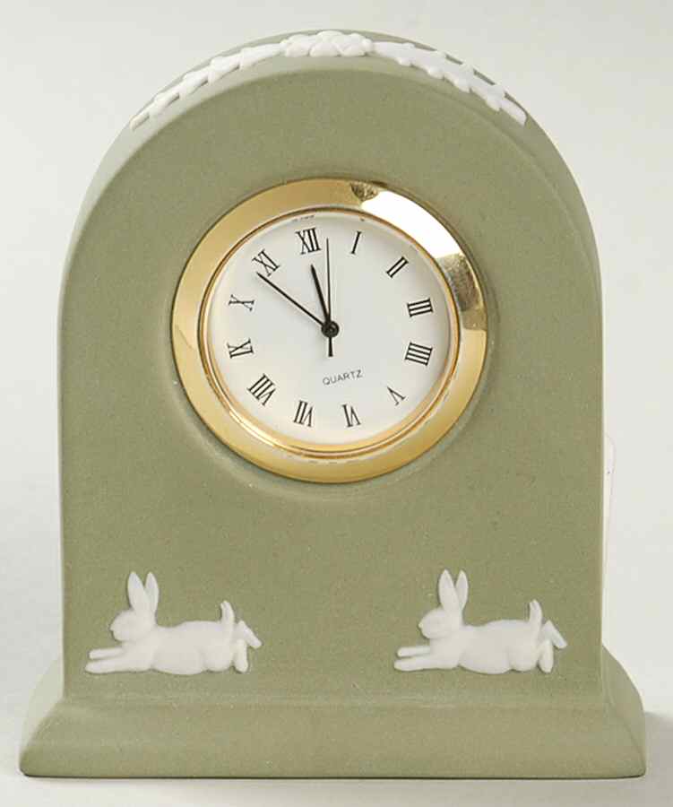 Cream Color on Sage Green Jasperware Small Grecian Clock by Wedgwood-1