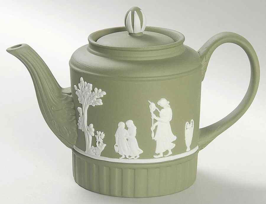 Cream Color on Sage Green Jasperware Individual Teapot & Lid by Wedgwood-1