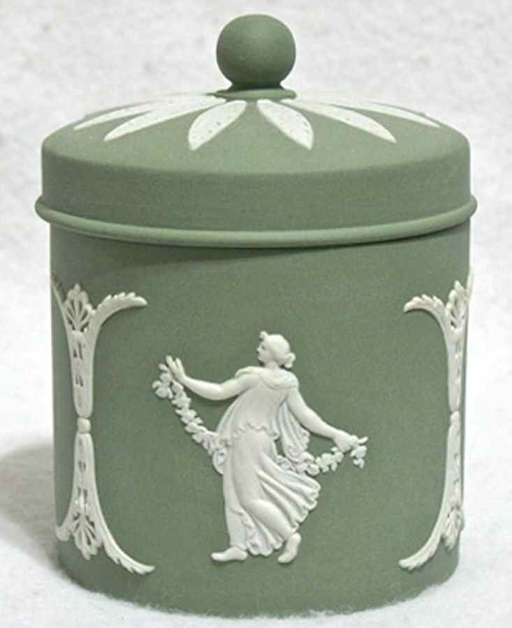 Cream Color on Sage Green Jasperware Candy Jar & Lid by Wedgwood-1