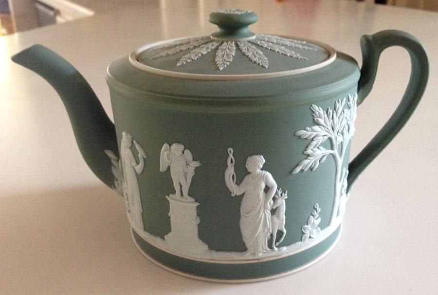 Cream Color on Sage Green Jasperware Brewster Teapot & Lid by Wedgwood-1