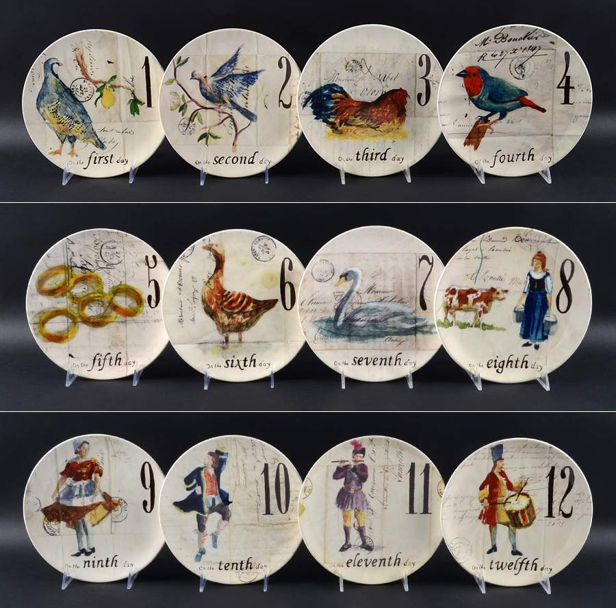 12 Days of Christmas (Black Numbers, Rim Shape) Salad/Dessert Plate Boxed - Set of 12 Motifs by Williams-Sonoma-1