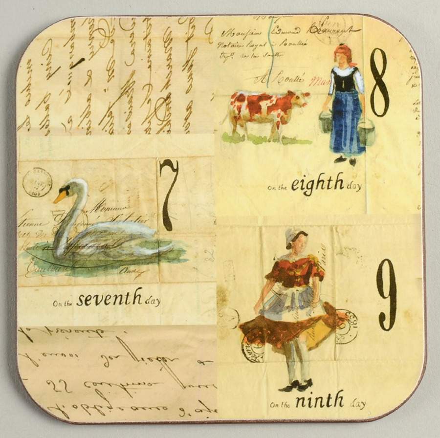 12 Days of Christmas (Black Numbers, Rim Shape) Square Corkback Coaster by Williams-Sonoma-1