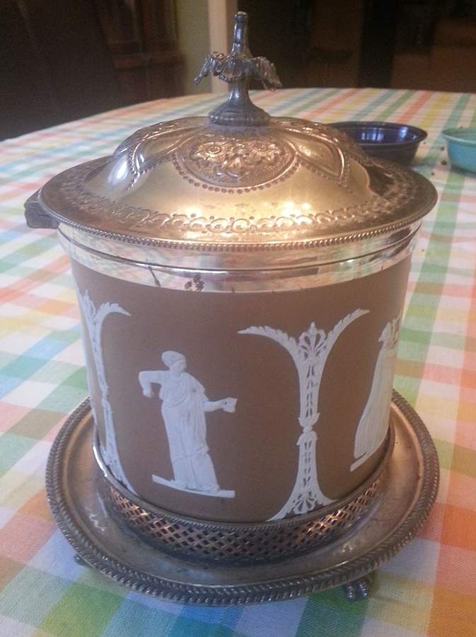 Cream on Taupe Jasperware (Older) Biscuit Barrel with Metal Hinged Lid & Metal Stand by Wedgwood-1