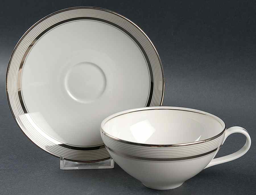 Ribbon Stripe Silver (Platinum) Flat Cup & Saucer Set by Wedgwood-1