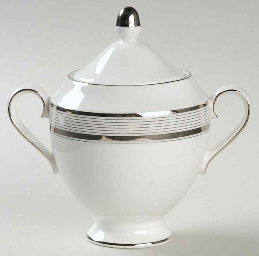 Ribbon Stripe Silver (Platinum) Sugar Bowl & Lid by Wedgwood-1