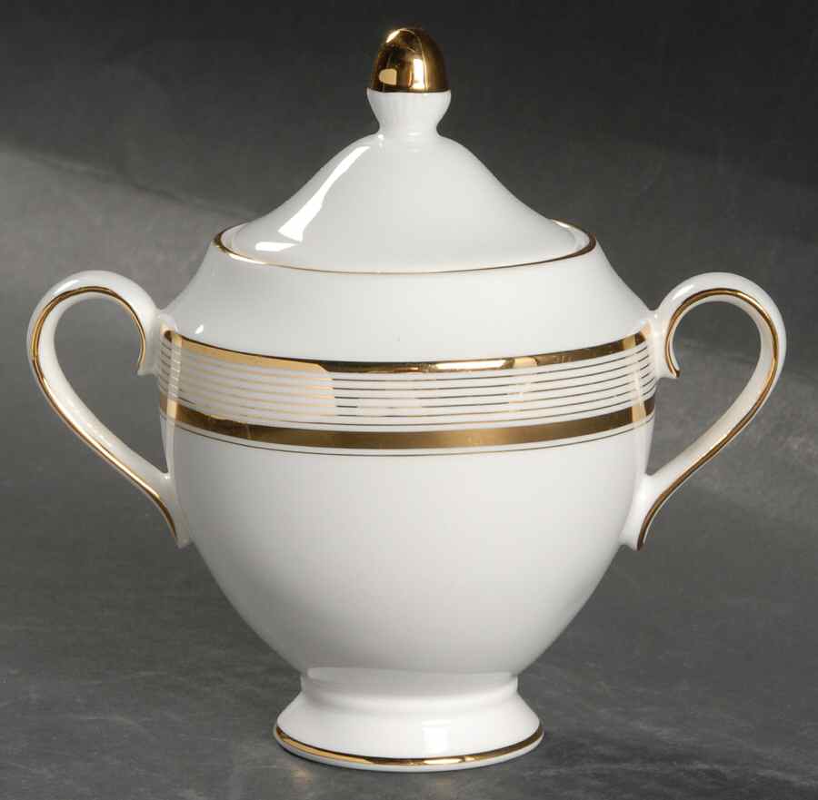 Ribbon Stripe Gold Sugar Bowl & Lid by Wedgwood-1