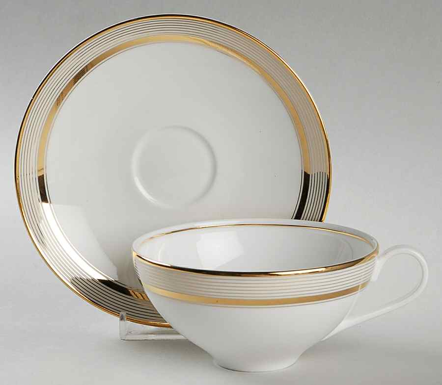 Ribbon Stripe Gold Flat Cup & Saucer Set by Wedgwood-1