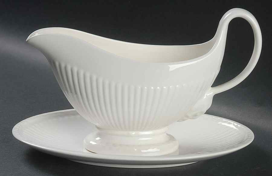 Edme Antique White (New 2008) Gravy Boat & Underplate by Wedgwood-1