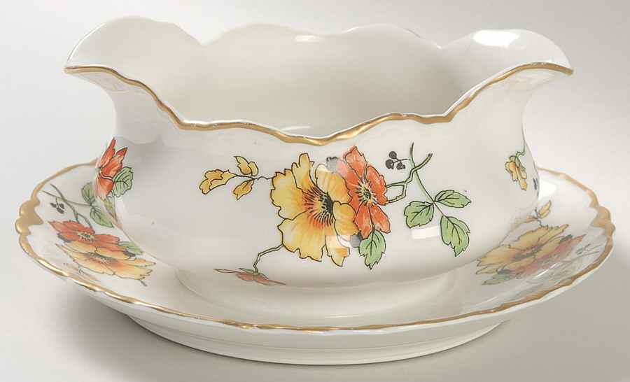 B2036-1 (Gold Daubs and Trim) Gravy Boat with Attached Underplate by Warwick-1