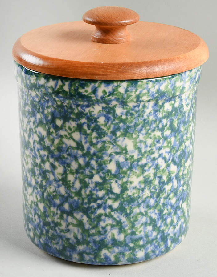 Blue Green Spongeware Medium Canister & Wood Lid by Workshop Gerald Henn-1