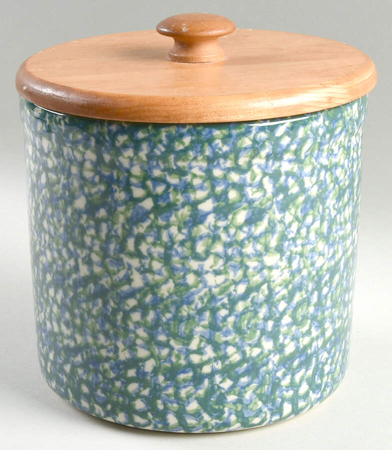 Blue Green Spongeware Large Canister & Wood Lid by Workshop Gerald Henn-1