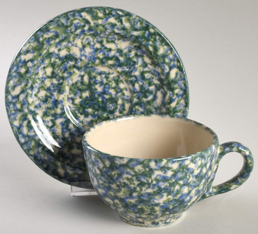 Blue Green Spongeware Flat Cup & Saucer Set by Workshop Gerald Henn-1