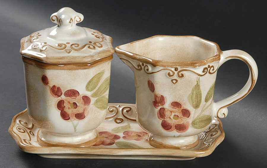 Orchid Garden Creamer & Sugar with Lid & Tray Set by Whole Home-1