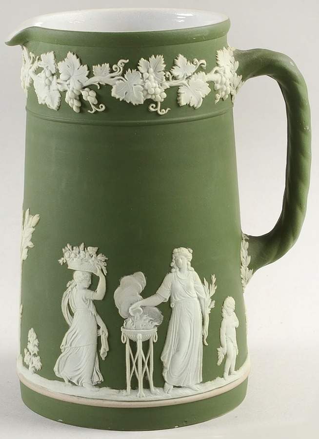 Cream Color on Olive Jasperware Large Trojan Jug by Wedgwood-1