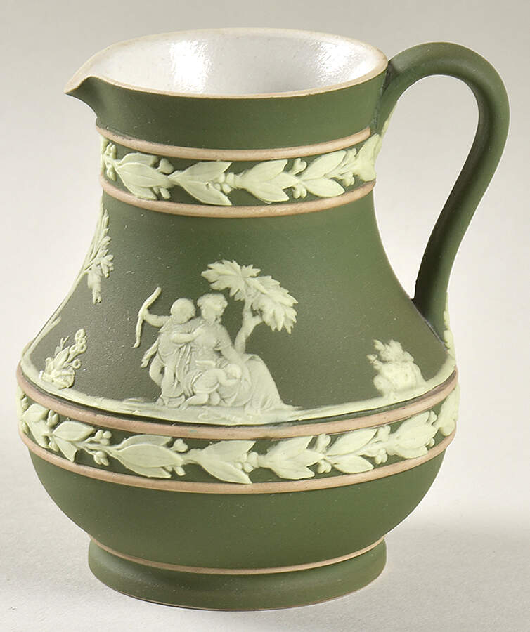 Cream Color on Olive Jasperware 3" Etruscan Jug by Wedgwood-1