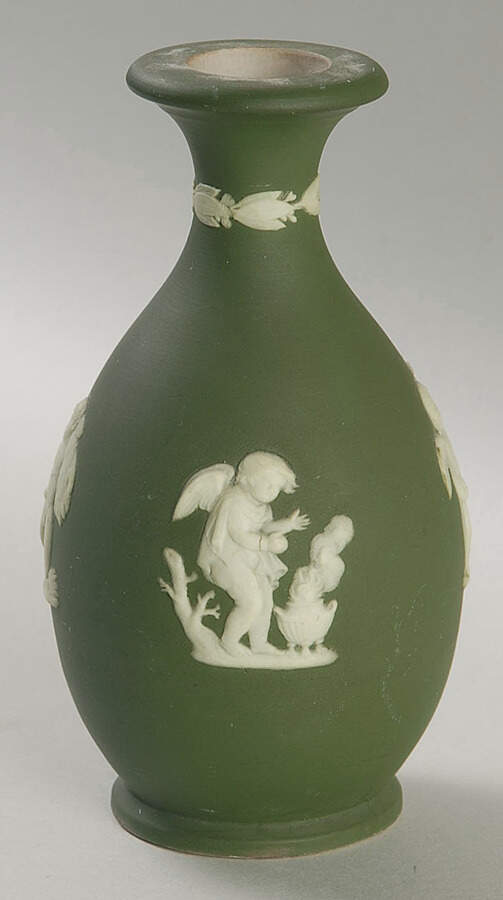 Cream Color on Olive Jasperware 5" Bud Vase by Wedgwood-1