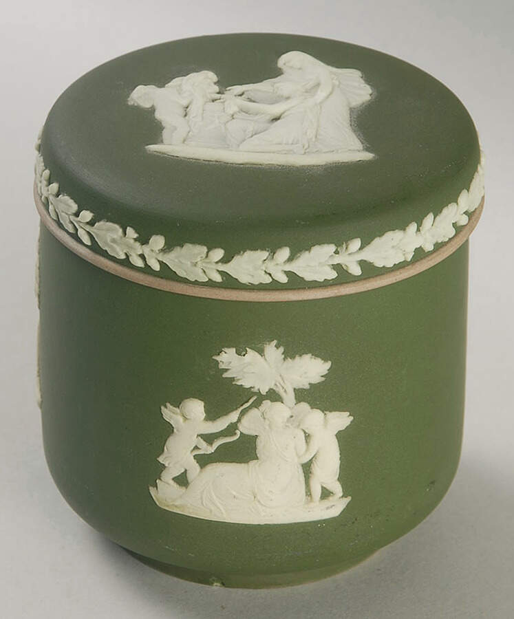 Cream Color on Olive Jasperware Pomade Box & Lid by Wedgwood-1