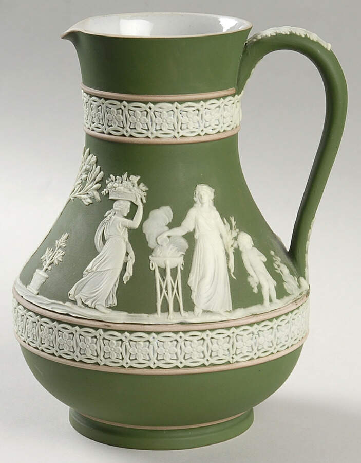 Cream Color on Olive Jasperware 7" Etruscan Jug by Wedgwood-1