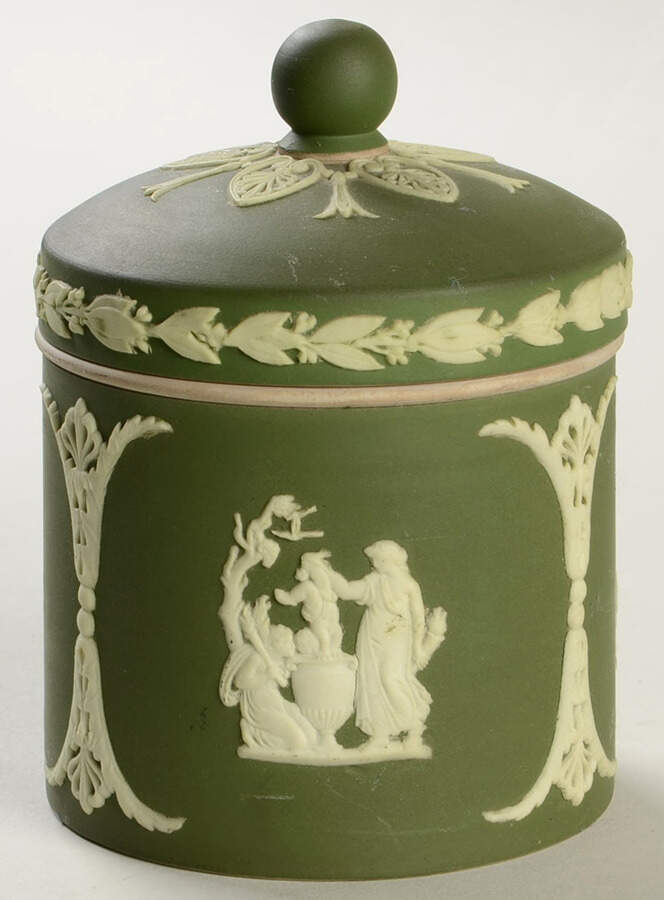 Cream Color on Olive Jasperware Candy Jar & Lid by Wedgwood-1
