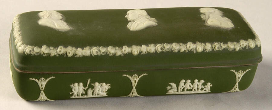 Cream Color on Olive Jasperware Oblong Box & Lid by Wedgwood-1