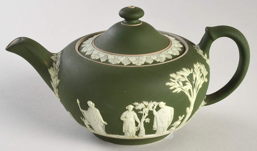 Cream Color on Olive Jasperware Mini Teapot & Lid by Wedgwood-1