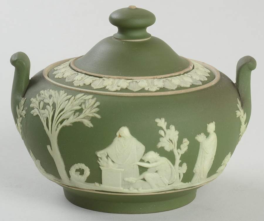 Cream Color on Olive Jasperware Mini Sugar Bowl & Lid by Wedgwood-1