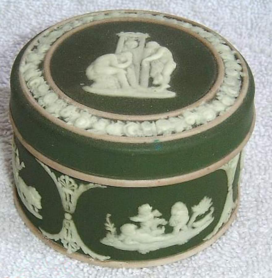 Cream Color on Olive Jasperware Ring Box & Lid by Wedgwood-1