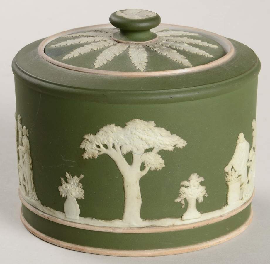 Cream Color on Olive Jasperware Sugar Box & Lid by Wedgwood-1